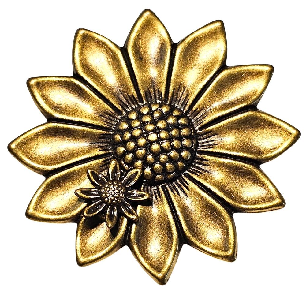 Sunflower Brooch Gold Tone Flower Pin Jewelry 1.7" w/ Small Flower Fall Vintage
